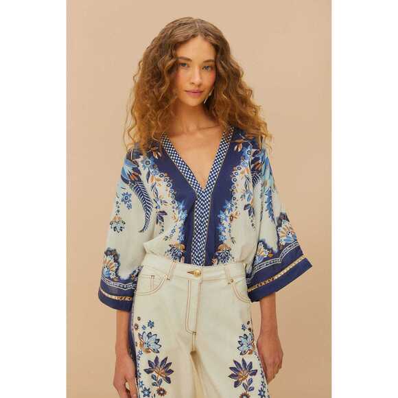 FARM Rio Tops - Off-White Ana Tapestry Kimono Bodysuit